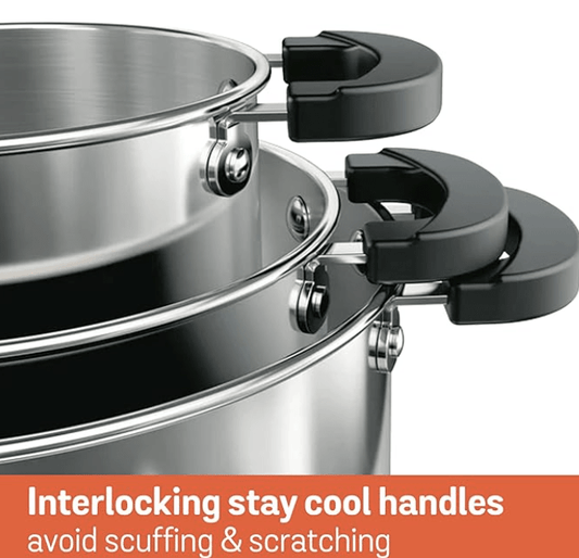 Meyer Kitchen Hacks Nickel Free Stainless Steel 3 Piece Casserole Set | Biryani Pot | Induction Cookware Set | Cooking Pot | Cooking Utensils for Kitchen- 16cm/ 20cm/ 24cm, Grey