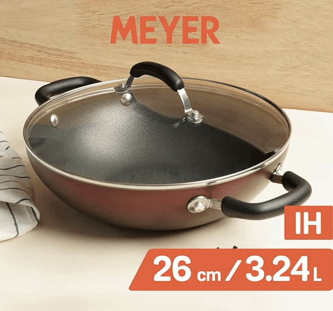 Meyer Merlot Aluminium Non-Stick Kadai | Kadhai with Glass Lid | Kadai for Deep Frying and Stir Frying | Gas and Induction Compatible } 100% Toxic Free, 26cm/ 3.24 Litre