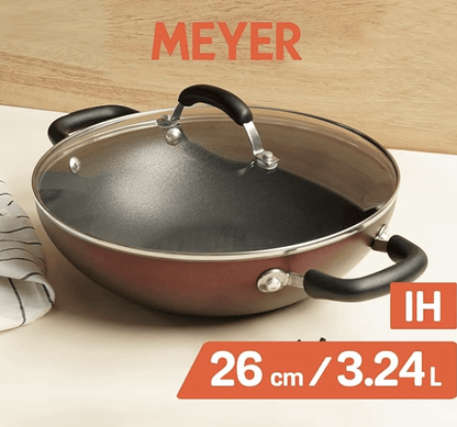 Meyer Merlot Aluminium Non-Stick Kadai | Kadhai with Glass Lid | Kadai for Deep Frying and Stir Frying | Gas and Induction Compatible } 100% Toxic Free, 26cm/ 3.24 Litre