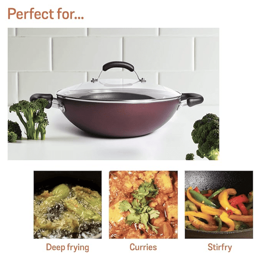 Meyer Merlot Aluminium Non-Stick Kadai | Kadhai with Glass Lid | Kadai for Deep Frying and Stir Frying | Gas and Induction Compatible } 100% Toxic Free, 26cm/ 3.24 Litre