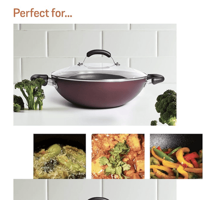 Meyer Merlot Aluminium Non-Stick Kadai | Kadhai with Glass Lid | Kadai for Deep Frying and Stir Frying | Gas and Induction Compatible ) 100% Toxic Free, 28cm/ 3.68 Litre