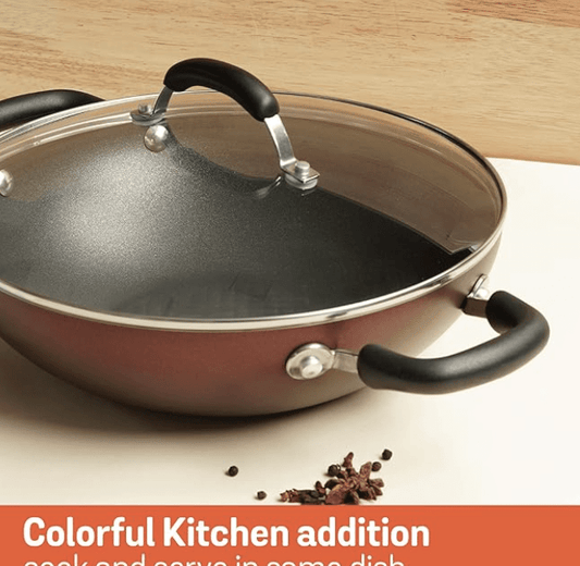 Meyer Merlot Aluminium Non-Stick Kadai | Kadhai with Glass Lid | Kadai for Deep Frying and Stir Frying | Gas and Induction Compatible ) 100% Toxic Free, 28cm/ 3.68 Litre