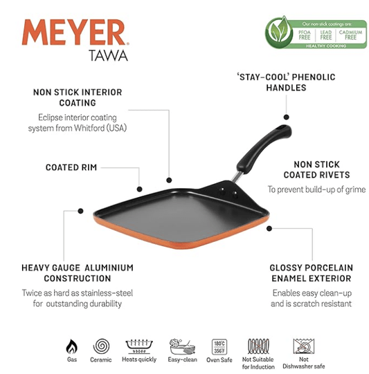 Meyer Non Stick Aluminium Square Tawa, 28 cm, Orange