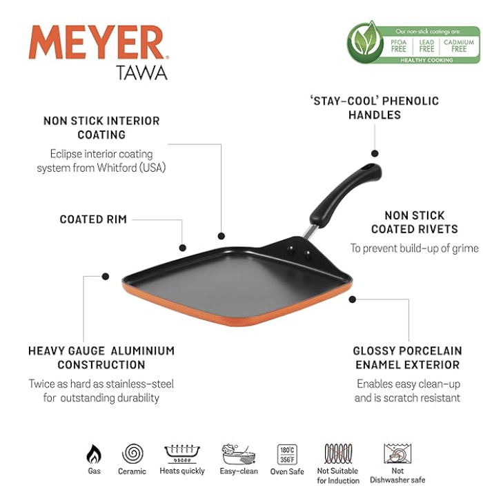 Meyer Non Stick Aluminium Square Tawa, 28 cm, Orange-2
