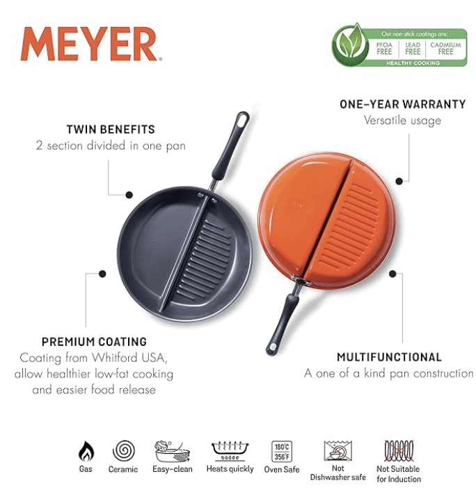 Meyer Non-Stick 30cm Divided Grillpan/Twin Pan/Breakfast Pan/Multi-Snack Pan