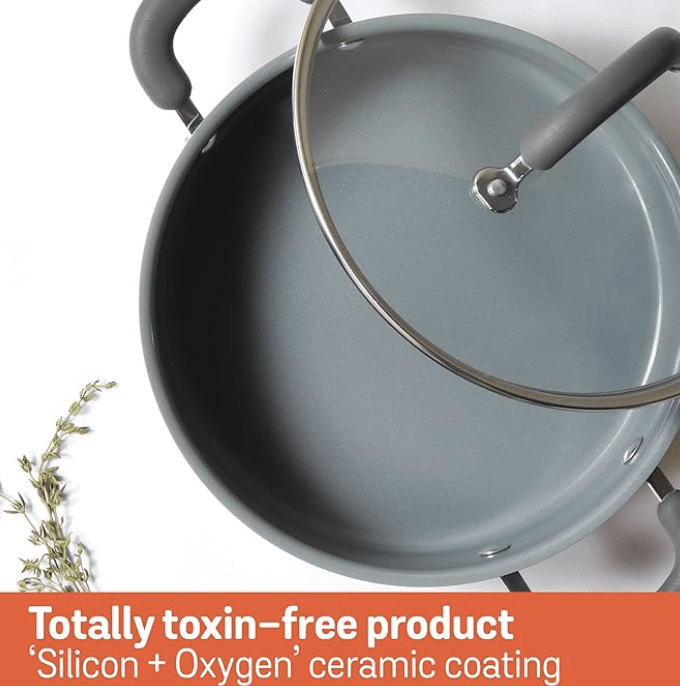 Meyer Anzen Healthy Ceramic Coated Sauteuse with Glass Lid | Ceramic Pan Cooking | Induction Pan | Non Stick Ceramic Pan | Ceramic Coated Cookware, 24 cm, Grey