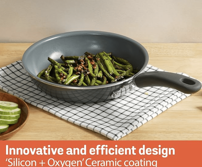 Meyer Anzen Healthy Ceramic Coated Cookware Frypan, 20cm with Kadai, 20cm with Interchangeable Lid, 20cm, Grey, 3-Piece Set