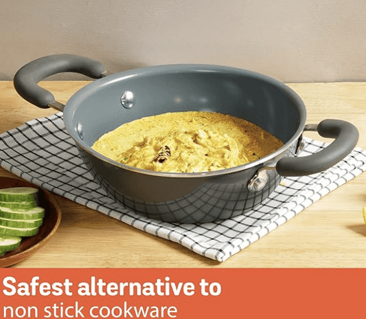 Meyer Anzen Healthy Ceramic Coated Cookware Frypan, 20cm with Kadai, 20cm with Interchangeable Lid, 20cm, Grey, 3-Piece Set