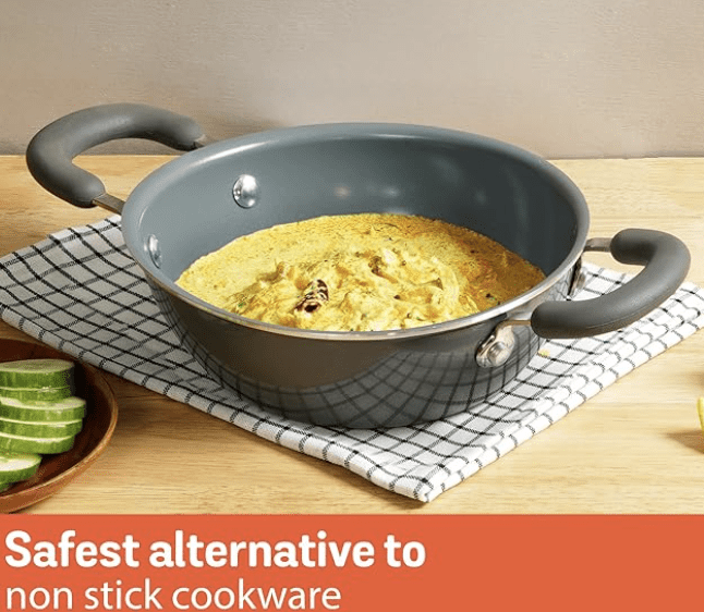 Meyer Anzen Healthy Ceramic Coated Cookware Frypan, 20cm with Kadai, 20cm with Interchangeable Lid, 20cm, Grey, 3-Piece Set-2