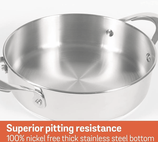 Meyer Select Nickel Free Stainless Steel Sauteuse with Glass Lid | Steel Saute Pan with Triply Base| Frying Pan with Lid and 2 Side Handles | Gas and Induction Suitable | 24cm/ 2.91 Litre, Silver