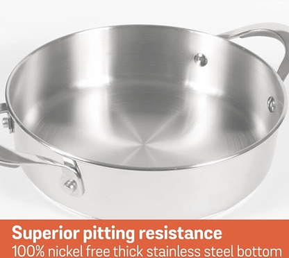 Meyer Select Nickel Free Stainless Steel Sauteuse with Glass Lid | Steel Saute Pan with Triply Base | Frying Pan with Lid | Gas and Induction Suitable | 20cm/ 1.56 Litre, Silver