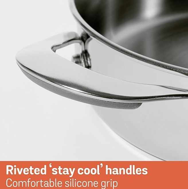 Meyer Select Nickel Free Stainless Steel Sauteuse with Glass Lid | Steel Saute Pan with Triply Base| Frying Pan with Lid and 2 Side Handles | Gas and Induction Suitable | 24cm/ 2.91 Litre, Silver