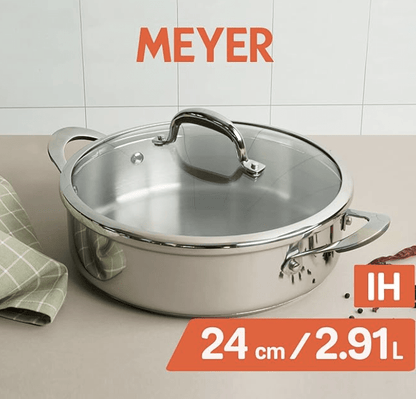 Meyer Select Nickel Free Stainless Steel Sauteuse with Glass Lid | Steel Saute Pan with Triply Base| Frying Pan with Lid and 2 Side Handles | Gas and Induction Suitable | 24cm/ 2.91 Litre, Silver