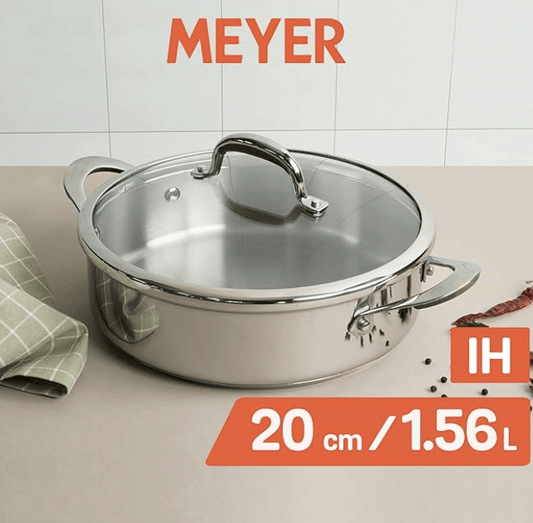 Meyer Select Nickel Free Stainless Steel Sauteuse with Glass Lid | Steel Saute Pan with Triply Base | Frying Pan with Lid | Gas and Induction Suitable | 20cm/ 1.56 Litre, Silver