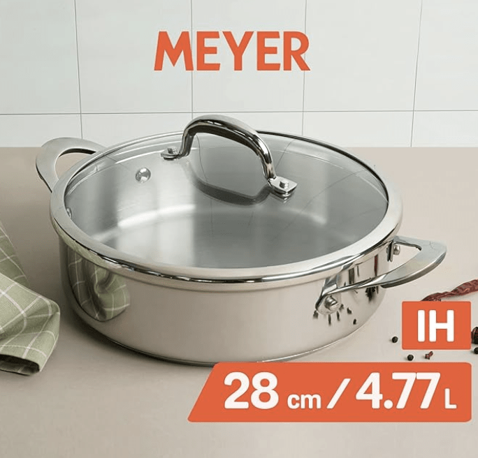 Meyer Select Nickel Free Stainless Steel Sauteuse with Glass Lid | Steel Saute Pan with Triply Base| Frying Pan with Lid | Gas and Induction Suitable | 28cm/ 4.77 Litre, Silver