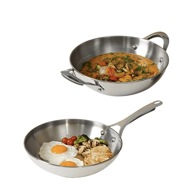 Meyer Select Nickel Free Stainless Steel 26cm Frypan + 26cm Kadhai/Wok 3-Piece Cookware Set With Interchangeable Lid (Induction &amp; Gas Compatible), Silver