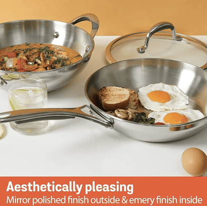 Meyer Select Nickel Free Stainless Steel 26cm Frypan + 26cm Kadhai/Wok 3-Piece Cookware Set With Interchangeable Lid (Induction &amp; Gas Compatible), Silver