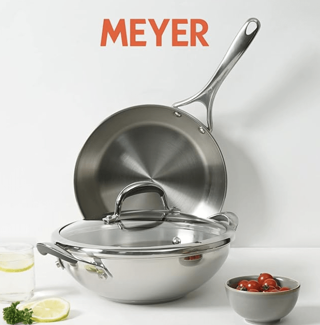 Meyer Select Nickel Free Stainless Steel 26cm Frypan + 26cm Kadhai/Wok 3-Piece Cookware Set With Interchangeable Lid (Induction &amp; Gas Compatible), Silver