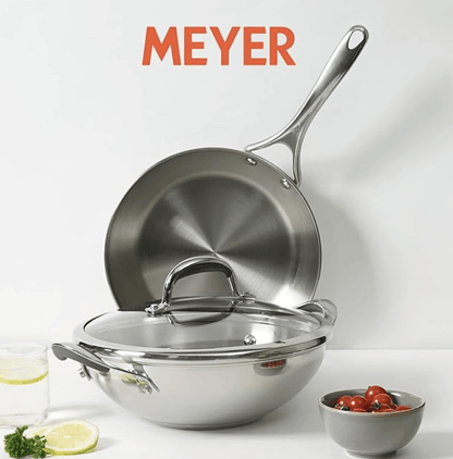 Meyer Select Nickel Free Stainless Steel 26cm Frypan + 26cm Kadhai/Wok 3-Piece Cookware Set With Interchangeable Lid (Induction &amp; Gas Compatible), Silver