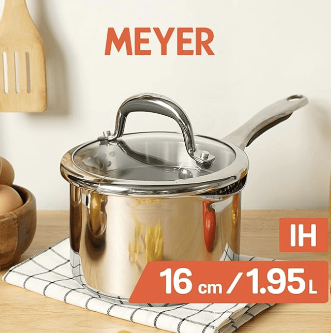 Meyer Select Nickel Free Stainless-Steel Saucepan | Sauce pan with triply Base| Sauce Pot with Straining Glass Lid |Milk pan with Lid | Gas and Induction Compatible, 16cm/ 1.95 Liters, Silver