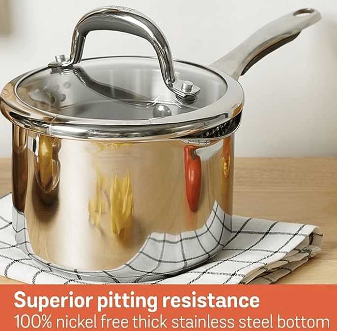 Meyer Select Nickel Free Stainless-Steel Saucepan | Sauce pan with triply Base| Sauce Pot with Straining Glass Lid |Milk pan with Lid | Gas and Induction Compatible, 18cm/ 2.73 Liters, Silver