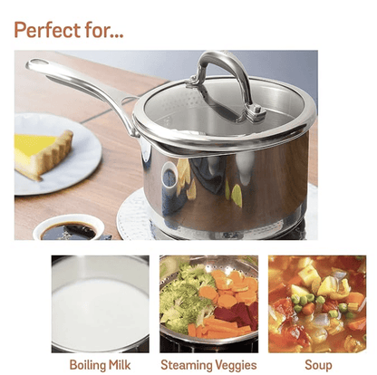 Meyer Select Nickel Free Stainless-Steel Saucepan | Sauce pan with triply Base| Sauce Pot with Straining Glass Lid |Milk pan with Lid | Gas and Induction Compatible, 16cm/ 1.95 Liters, Silver