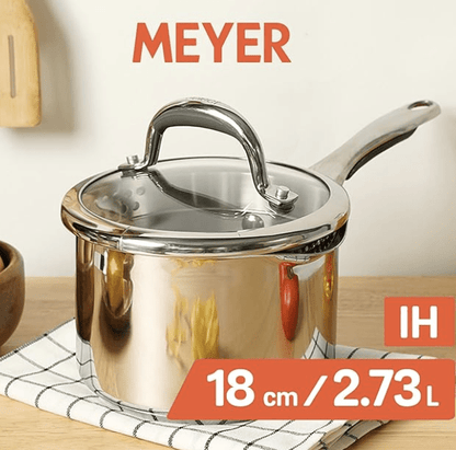 Meyer Select Nickel Free Stainless-Steel Saucepan | Sauce pan with triply Base| Sauce Pot with Straining Glass Lid |Milk pan with Lid | Gas and Induction Compatible, 18cm/ 2.73 Liters, Silver