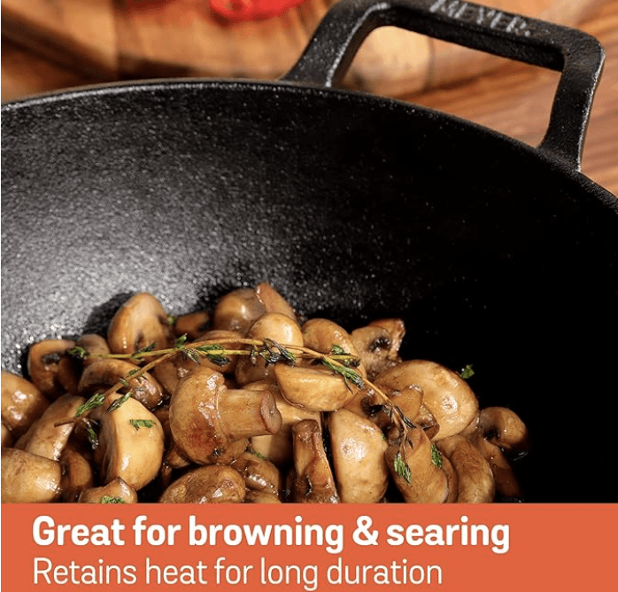 Meyer Pre Seasoned Cast Iron Kadai|Iron Kadhai with Lid for Cooking and Deep Frying | Heavy Base Iron Kadai Small Size | Gas Stove and Induction Friendly 20cm/ 2 Liters, Black