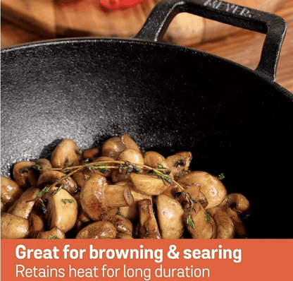 Meyer Pre Seasoned Cast Iron Kadai|Iron Kadhai with Lid for Cooking and Deep Frying | Heavy Base Iron Kadai Small Size | Gas Stove and Induction Friendly 20cm/ 2 Liters, Black