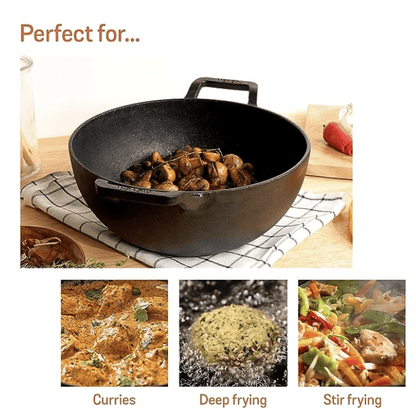 Meyer Pre Seasoned Cast Iron Kadai|Iron Kadhai with Lid for Cooking and Deep Frying | Heavy Base Iron Kadai Small Size | Gas Stove and Induction Friendly 20cm/ 2 Liters, Black