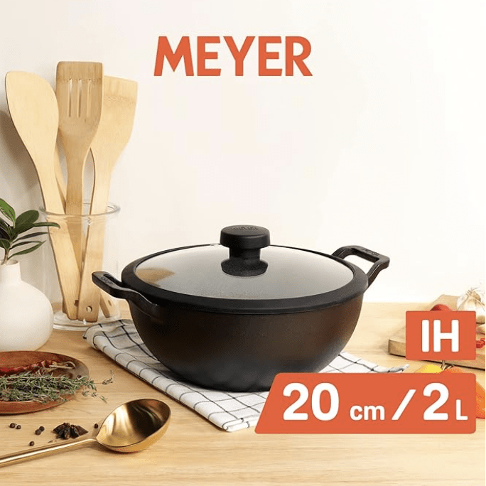 Meyer Pre Seasoned Cast Iron Kadai|Iron Kadhai with Lid for Cooking and Deep Frying | Heavy Base Iron Kadai Small Size | Gas Stove and Induction Friendly 20cm/ 2 Liters, Black