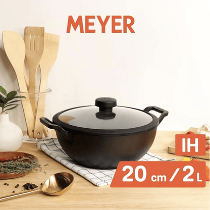 Meyer Pre Seasoned Cast Iron Kadai|Iron Kadhai with Lid for Cooking and Deep Frying | Heavy Base Iron Kadai Small Size | Gas Stove and Induction Friendly 20cm/ 2 Liters, Black