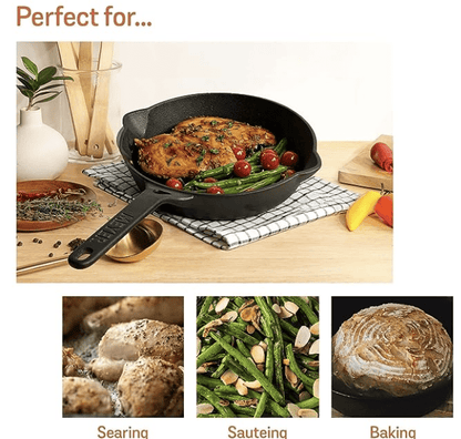 Meyer Pre-Seasoned Cast Iron Frypan | Cast Iron Skillet | Iron Pan | Induction Frying Pan | Iron Fry Pan | Omlette Pan | Cast Iron Utensils for Cooking | Iron Cookware for Kitchen, 22cm, Black