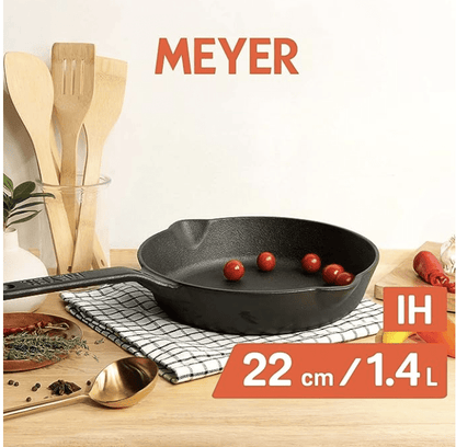 Meyer Pre-Seasoned Cast Iron Frypan | Cast Iron Skillet | Iron Pan | Induction Frying Pan | Iron Fry Pan | Omlette Pan | Cast Iron Utensils for Cooking | Iron Cookware for Kitchen, 22cm, Black