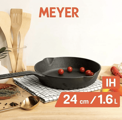 Meyer Pre-Seasoned Cast Iron Frypan | Cast Iron Skillet | Iron Pan | Induction Frying Pan | Iron Fry Pan | Omlette Pan | Cast Iron Utensils for Cooking | Iron Cookware for Kitchen, 24cm, Black