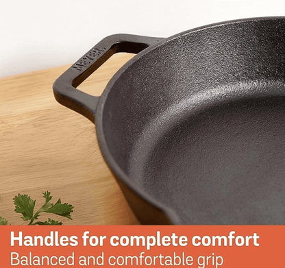Meyer Pre Seasoned Cast Iron Skillet | Fry Pan | Iron Pan | Cast Iron Cookware| Cast Iron Frying Pan with 2 Side Handles | Gas and Induction Compatible, 26cm/ 2 litres, Black