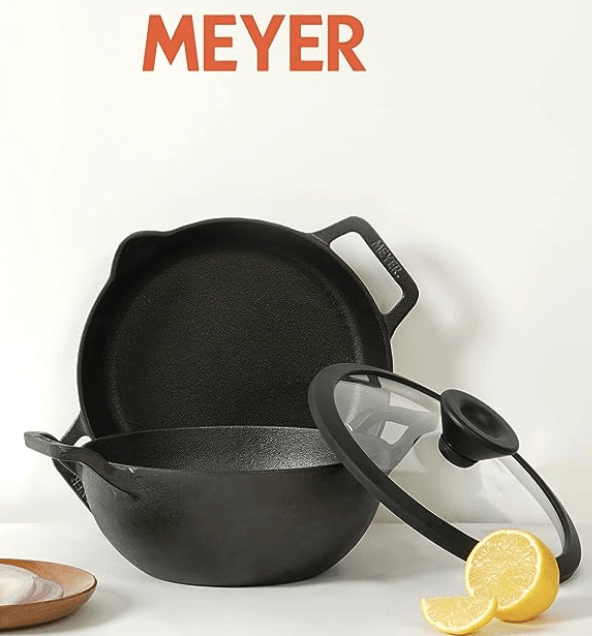 Meyer Pre- Seasoned Cast Iron 3 Piece Cookware Set - 26cm Skillet + 26cm Kadai with Interchangeable Lid | Iron Utensils for Cooking | Cast Iron Cookware for Kitchen |Induction Iron Pan, Black