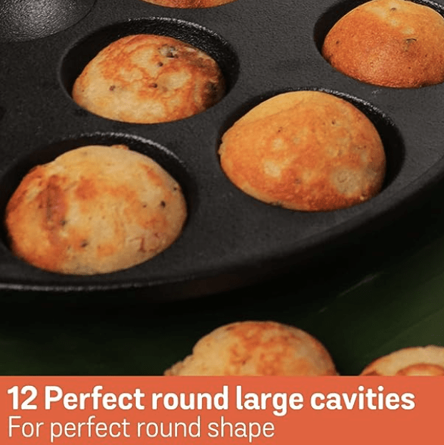 Meyer Pre Seasoned Cast Iron 12 Cavity Appam Patra | Paniyaram Pan Cast Iron | Appam Pan | Pan Cake | Paddu Maker | Appam Maker | Ponganal Maker | Appe Pan | Litti Maker with 2 Side Handle, 20cm