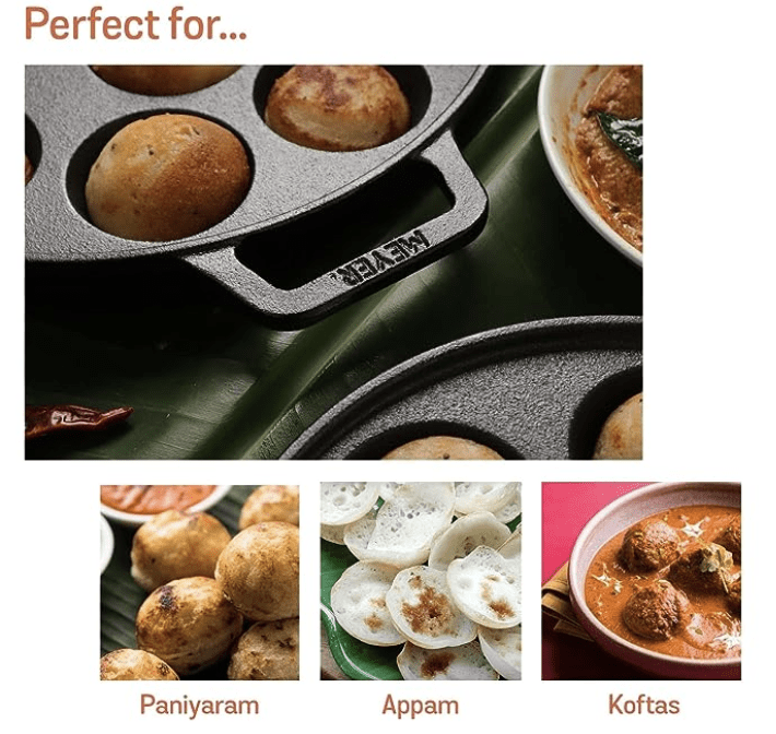 Meyer Pre Seasoned Cast Iron 12 Cavity Appam Patra | Paniyaram Pan Cast Iron | Appam Pan | Pan Cake | Paddu Maker | Appam Maker | Ponganal Maker | Appe Pan | Litti Maker with 2 Side Handle, 20cm-3