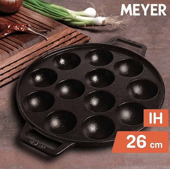Meyer Pre Seasoned Cast Iron 12 Cavity Appam Patra | Paniyaram Pan Cast Iron | Appam Pan | Pan Cake | Paddu Maker | Appam Maker | Ponganal Maker | Appe Pan | Litti Maker with 2 Side Handle, 20cm