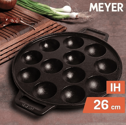 Meyer Pre Seasoned Cast Iron 12 Cavity Appam Patra | Paniyaram Pan Cast Iron | Appam Pan | Pan Cake | Paddu Maker | Appam Maker | Ponganal Maker | Appe Pan | Litti Maker with 2 Side Handle, 20cm