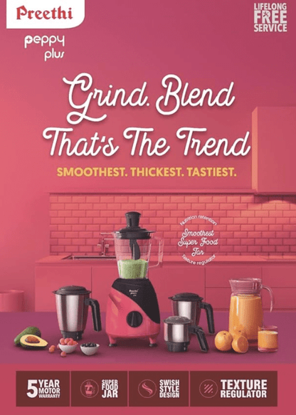 Preethi Peppy Plus MG-246 Mixer Grinder, 750 watt, Red-Black, 4 Jars - Super Food Jar with Texture Builder & 3D Airflow Technology, Vega W5 Motor with 5yr Warranty & Lifelong Free Service, Standard