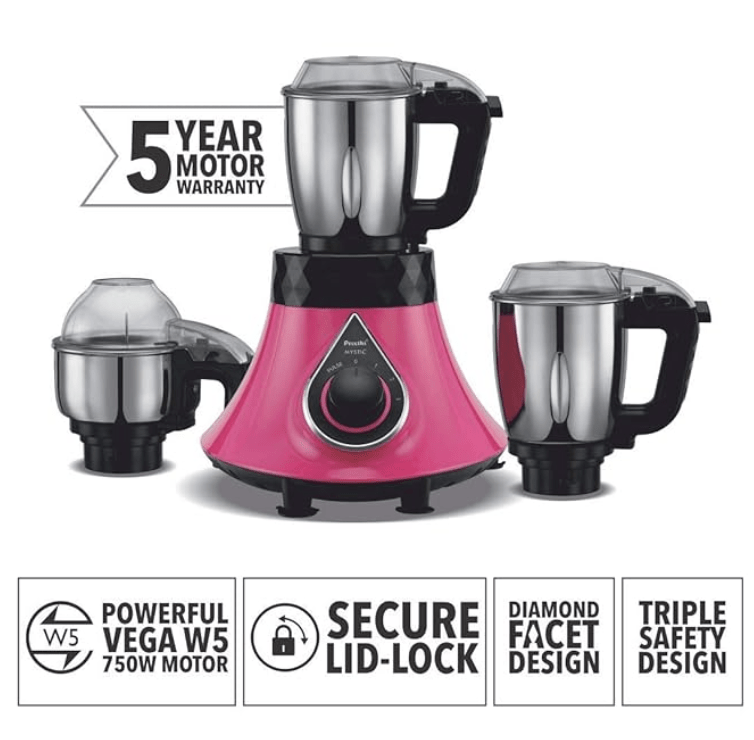 ப்ரீத்தி மிஸ்டிக் எம்ஜி238 மிக்சர் கிரைண்டர், 3 ஜாடிகளுடன் 750 வாட், பிங்க் 