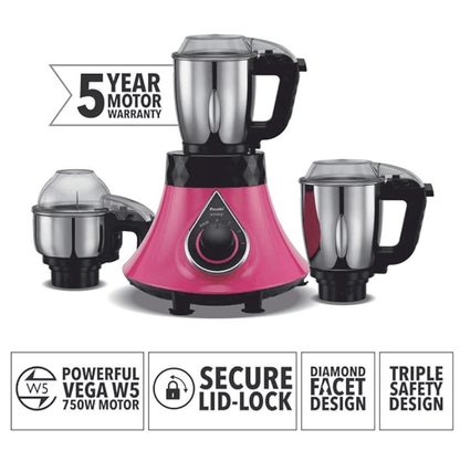 ப்ரீத்தி மிஸ்டிக் எம்ஜி238 மிக்சர் கிரைண்டர், 3 ஜாடிகளுடன் 750 வாட், பிங்க் 