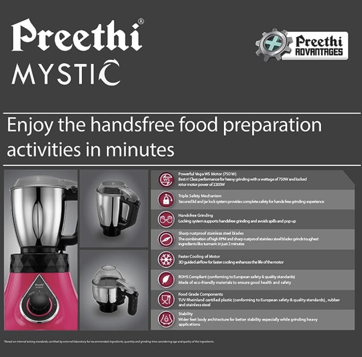 Preethi Mystic MG238 Mixer Grinder, 750 watt with 3 Jars, Pink-2