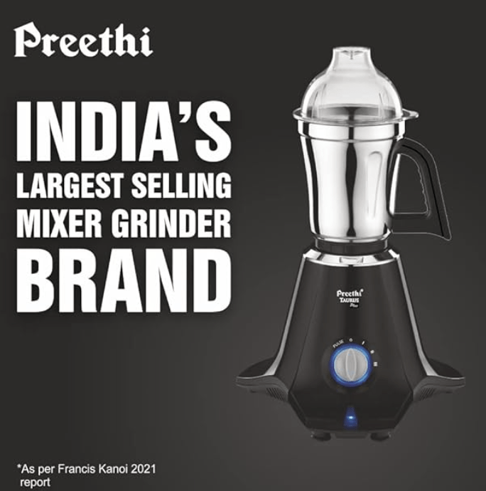 Preethi Taurus Plus MG-257 Mixer Grinder, 1000 Watt, Blue/Black 4 Jars - Super Extractor Juicer Jar, 2 Yr Product Guarantee & Lifelong Free Service