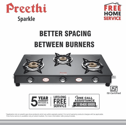Preethi Blu Flame Sparkle Glass top 3 Burner Gas Stove, Manual Ignition, Black ((ISI Certified), GTS 104