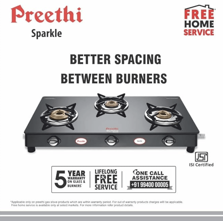Preethi Blu Flame Sparkle Glass top 3 Burner Gas Stove, Manual Ignition, Black ((ISI Certified), GTS 104-4