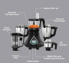 Preethi Zodiac Cosmo Mixer Grinder+ Food Processor I 750 Watt I 2yr Guarantee & Lifelong Free Service I 5 Jars (Super Extractor juicer Jar & Master Chef + Food Processor Jar), Black (MG236)-2