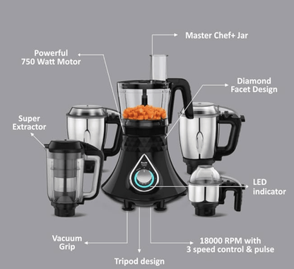 Preethi Zodiac Cosmo MG236 Mixer Grinder 750 watt with 5 Jars Includes Super Extractor juicer Jar &amp; Master Chef + Food Processor Jar, Black